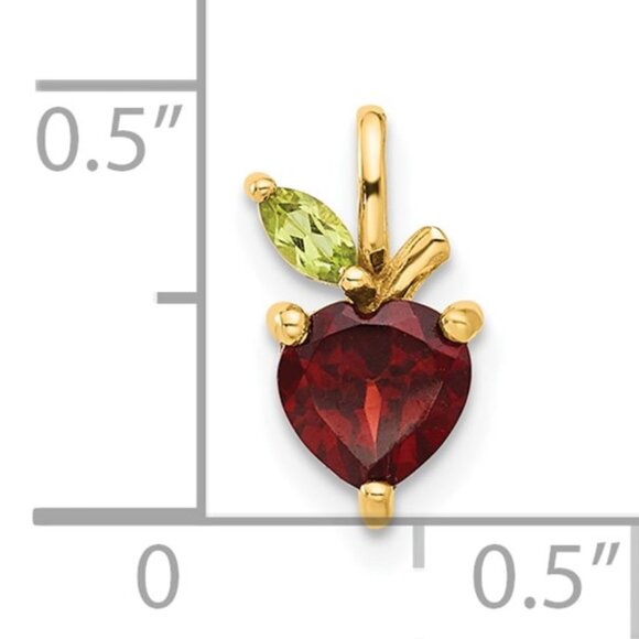 14K Yellow Gold Heart Shaped Red Garnet and Green Peridot Leaf Apple Chain Slide - Picture 4 of 4